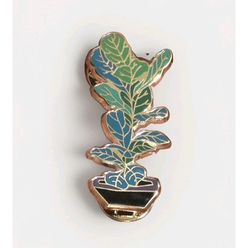 Fiddle Leaf Fig Enamel Lapel Pin Potted Houseplant Plant Lover Gold Tone #1366